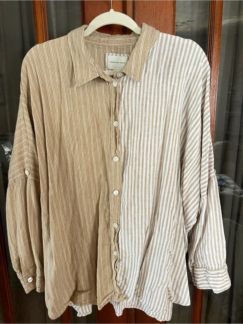 Oversized American Eagle Outfitters Two-Tone Beige Stripe Button-Up Shirt - Picture 1 of 12